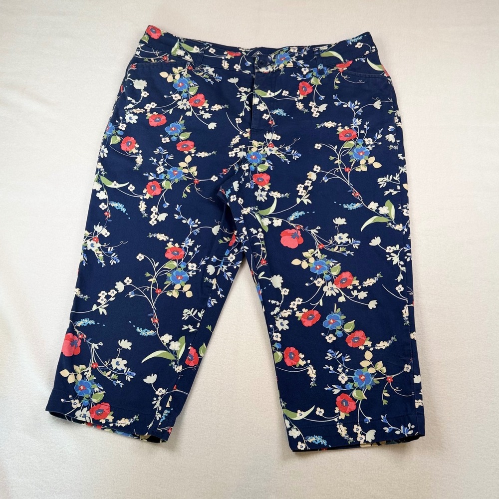 St Johns Bay Womens Blue Floral Capri Pants Size 16 Cropped Trousers Navy Red